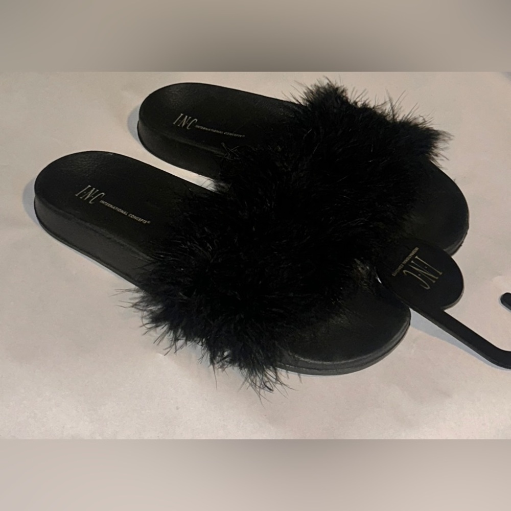 INC International Concepts Black Furry Sandals